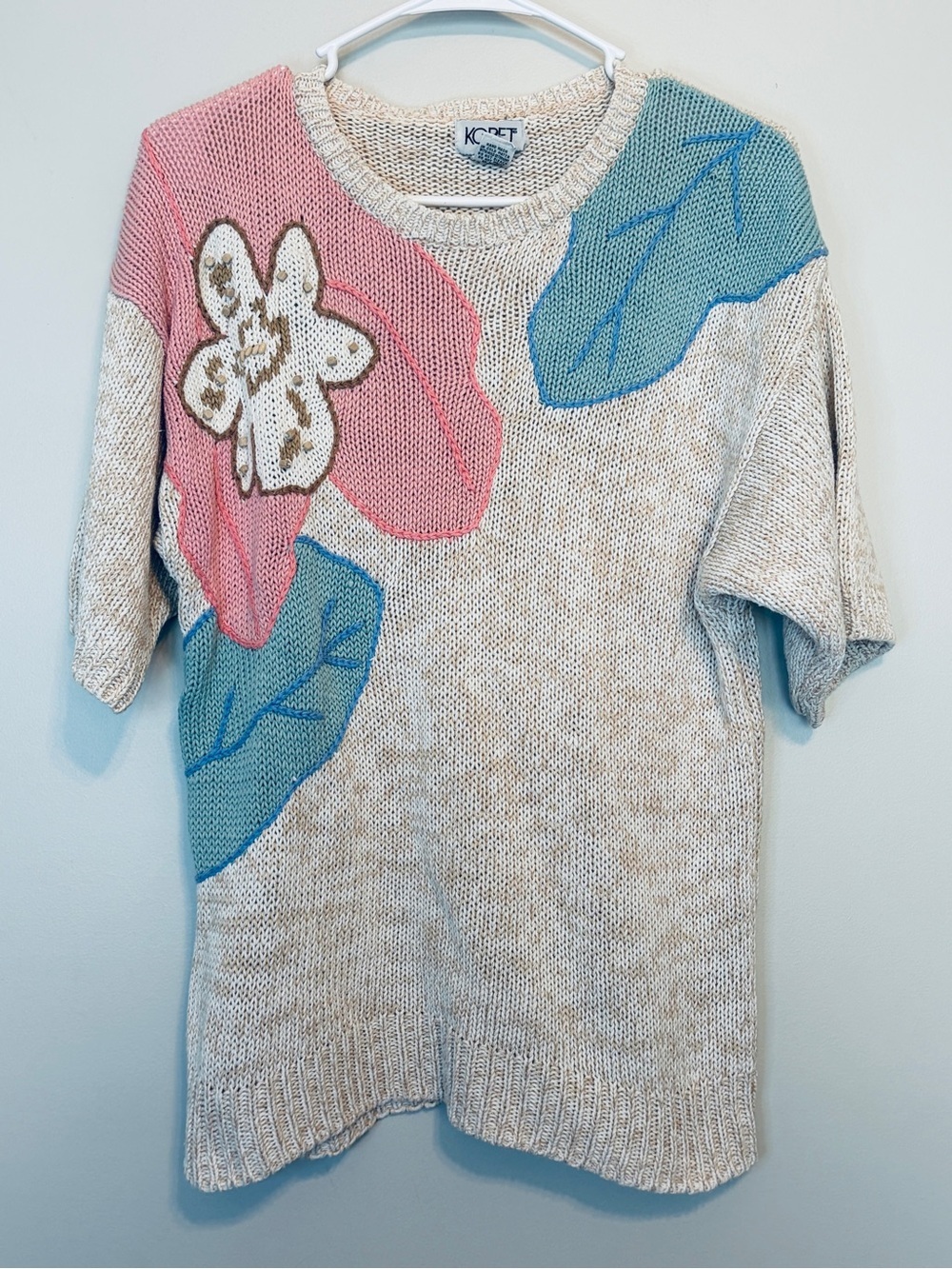 Koret Cream Knit Sweater with Pink Floral and Blue Leaves